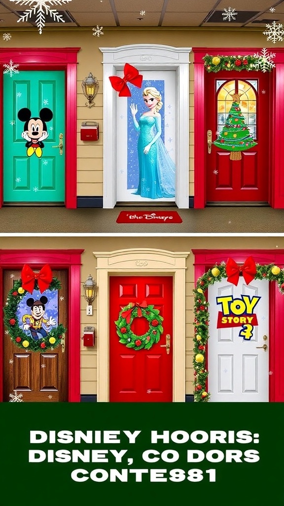 A collage of Christmas-themed doors decorated with Disney characters and festive decorations.